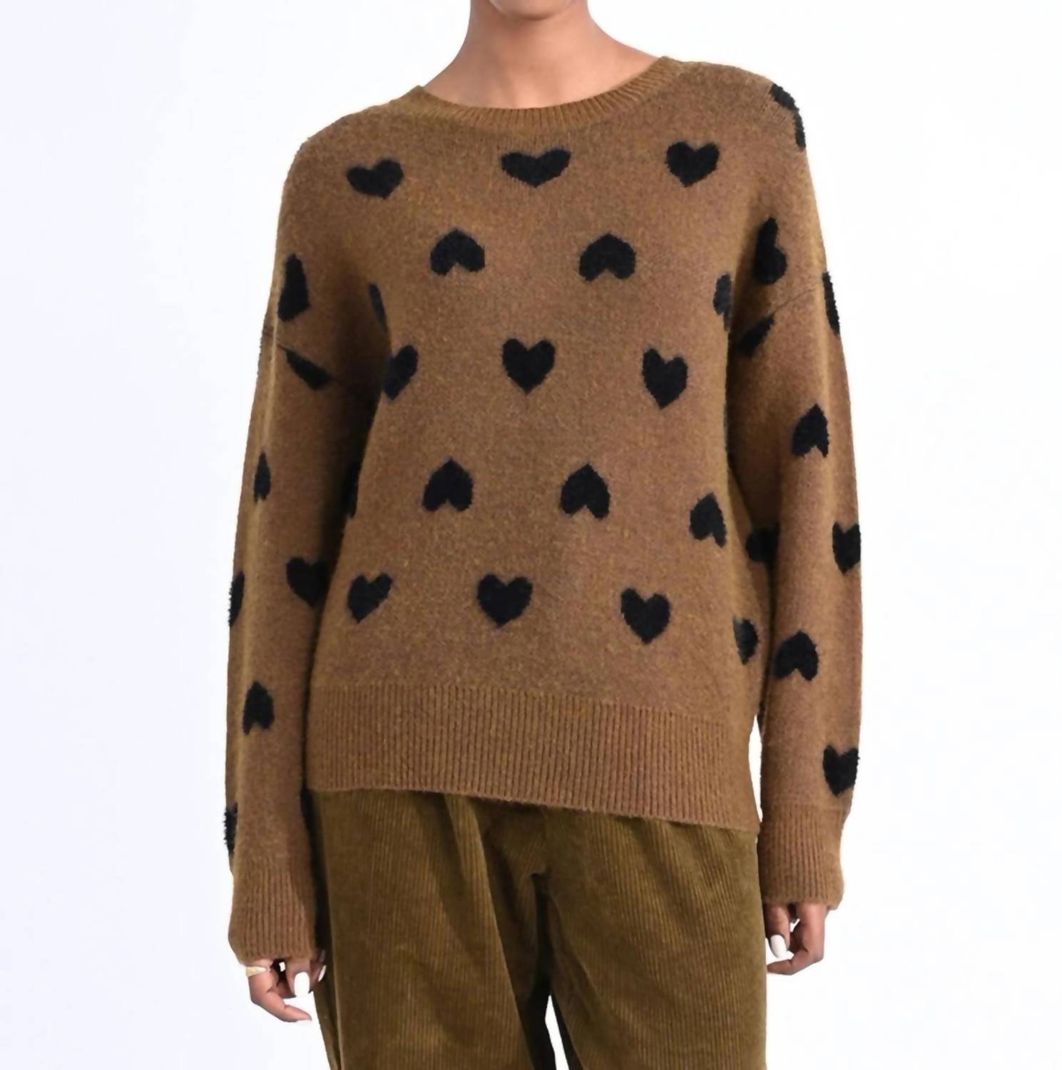 Molly Bracken Heart Pattern Knit Sweater In Khaki In Multi