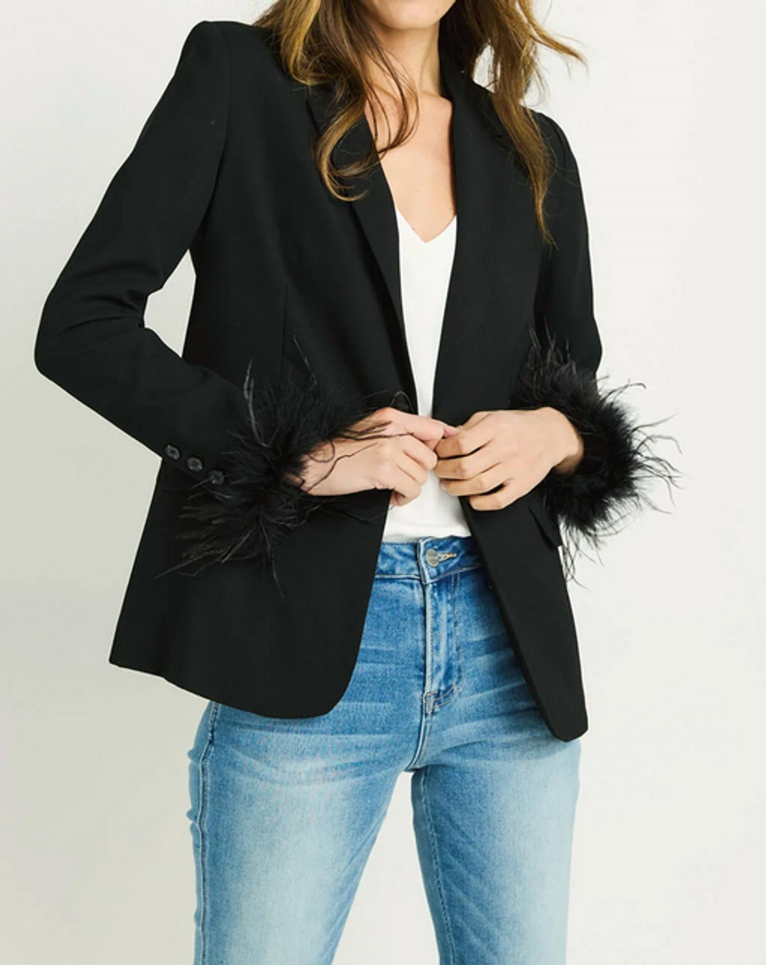 Lucy Paris Dover Feather Trim Blazer In Black