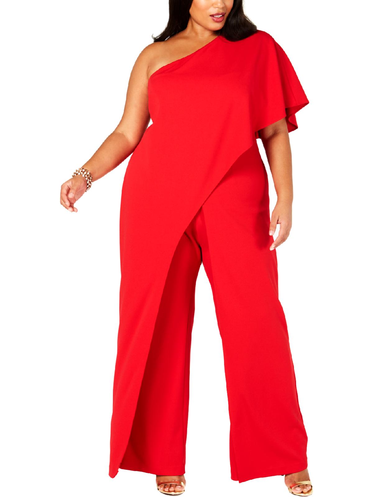 Shop Adrianna Papell Womens One Shoulder Draped Jumpsuit In Red