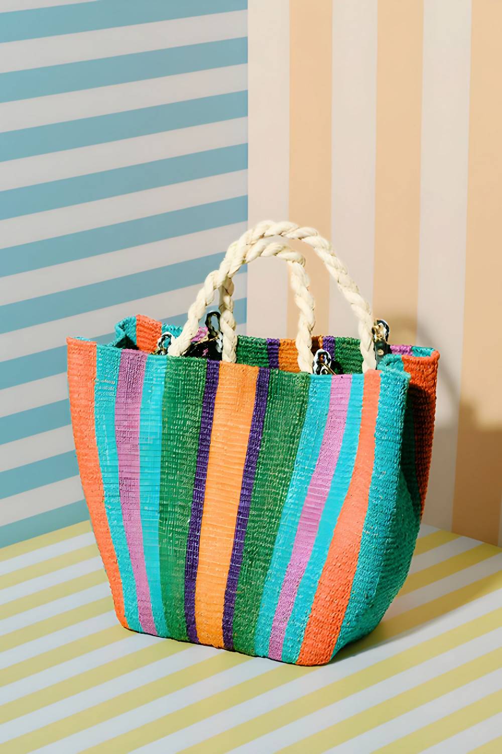 Aranaz Fruit Stripes Tote Bag In Green Multi