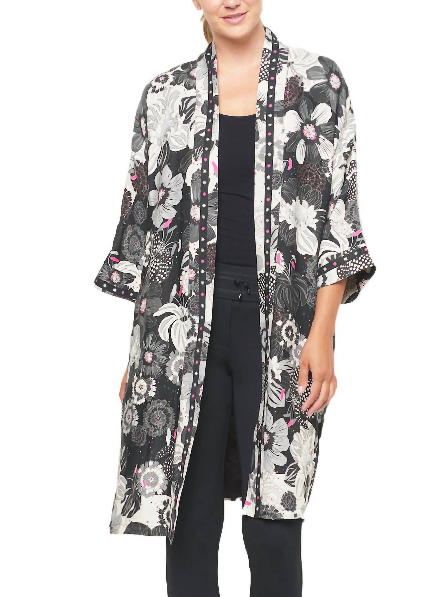 Shop Vilagallo Brema Graphic Kimono Coat In Black Multi In Grey