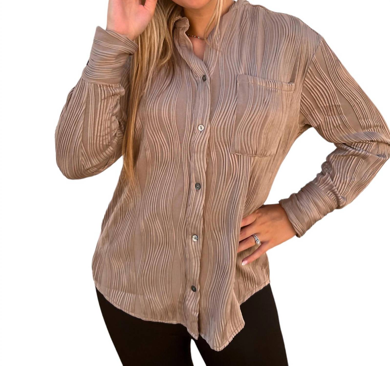 Shop Entro Bella Solid Textured Long Sleeve Button Up Top In Mocha In Brown