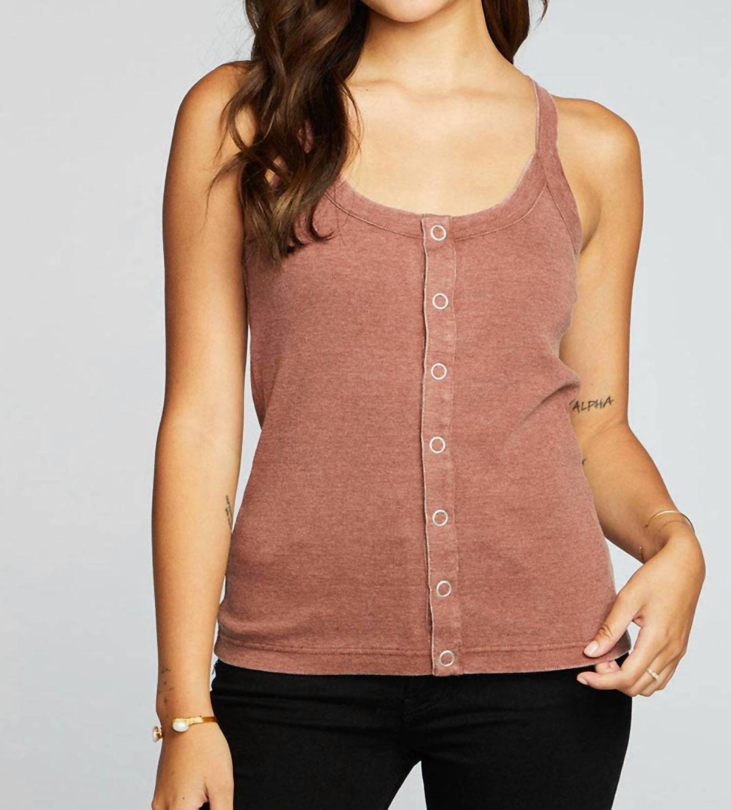 Shop Chaser Vintage Rib Snap Front Tank In Cappucino In Brown