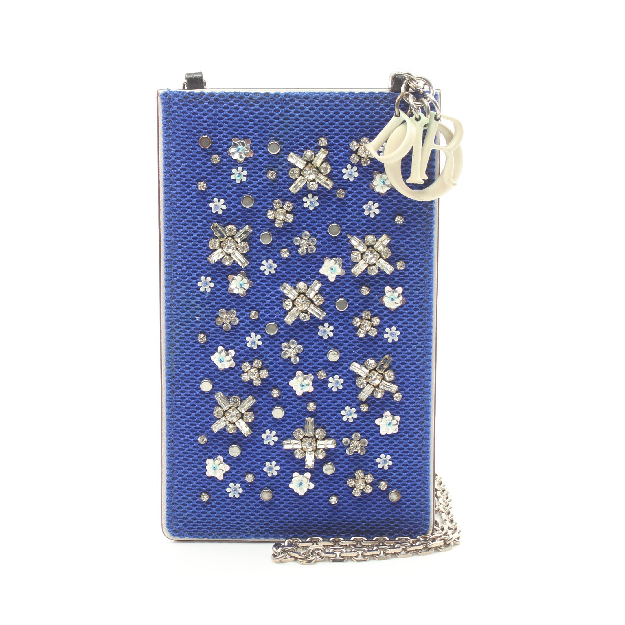 Dior Logo Charm Phone Case Chain Shoulder Bag Fabric Leather Bijou Sequin In Blue