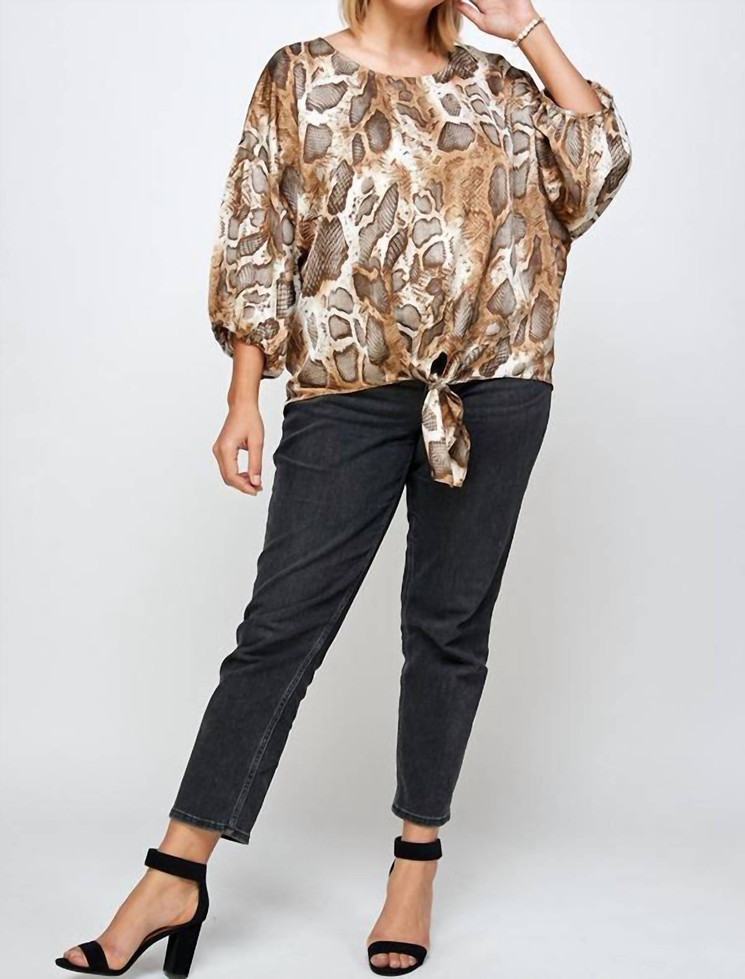 Shop See And Be Seen Tie Front Blouse Plus In Brown Animal Print In Gold