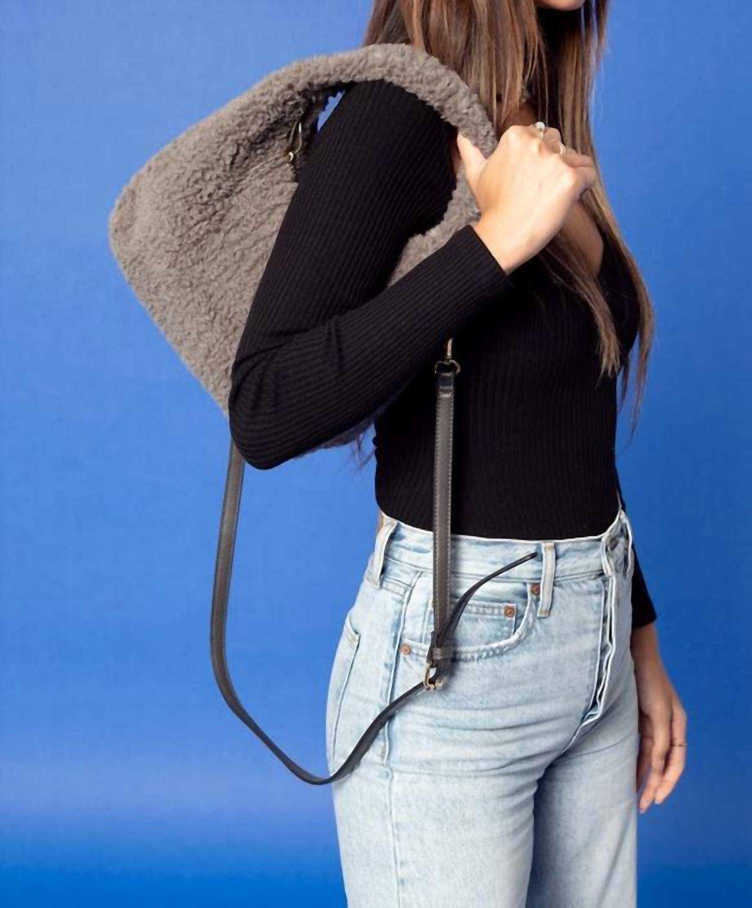 Shop Jen & Co. Gabrielle Sherpa Shoulder Bag W/ Strap In Grey In Blue