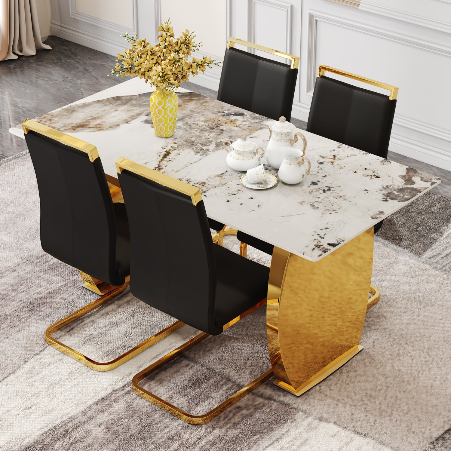 Streamdale Modern Gold Dining Set: Rock Plate Table + Velvet Chairs