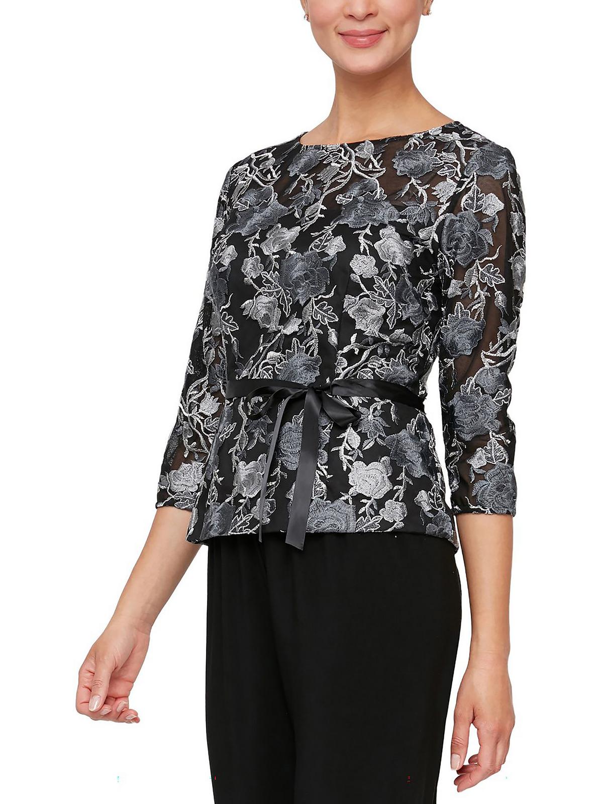 Shop Alex Evenings Petites Womens Embroidered Belted Peplum Top In Grey