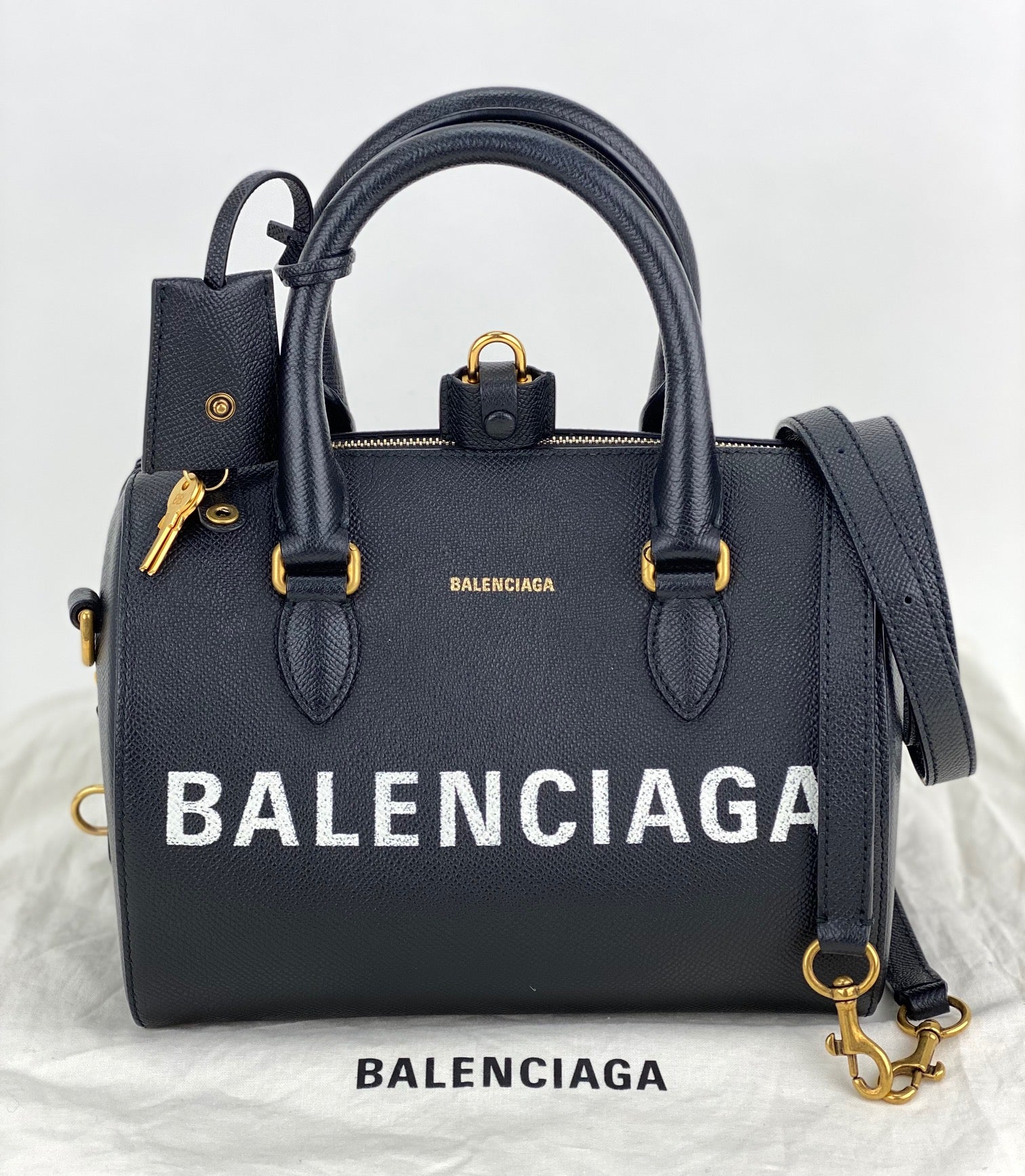 Image of Balenciaga Ville Bowling Small Black Grained Leather Satchel Crossbody Bag