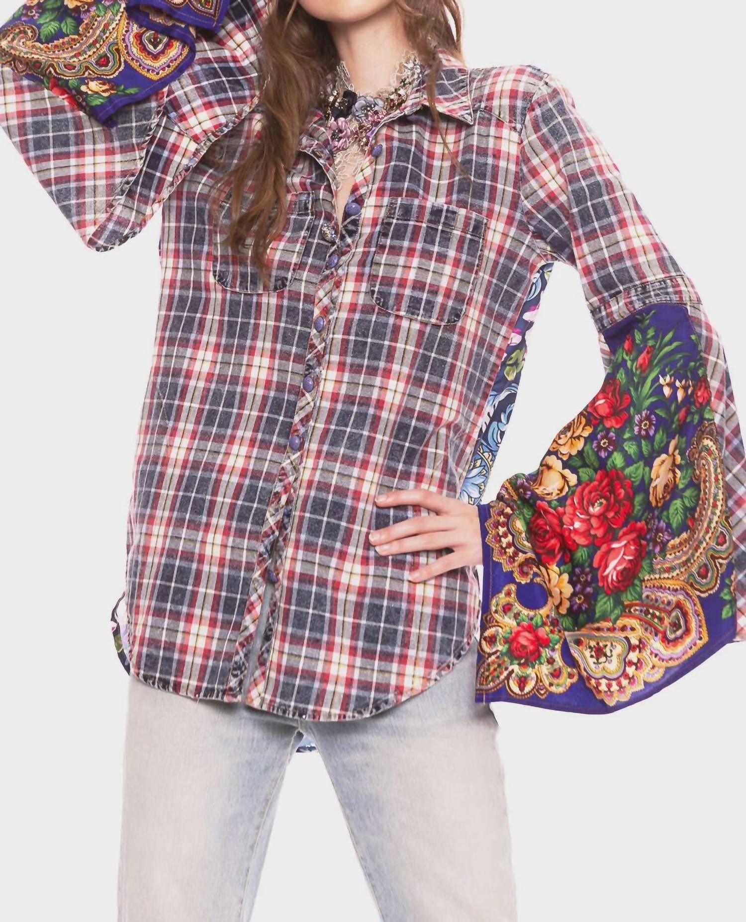 Aratta Statement Shirt In Navy Plaid In Multi