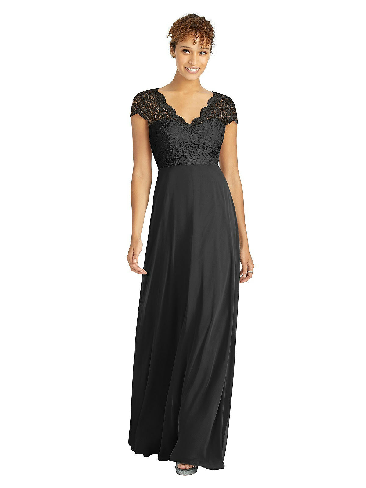 Shop Dessy Collection Cap Sleeve Illusion-back Lace And Chiffon Dress In Black