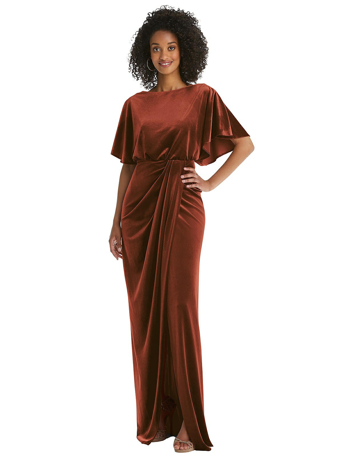 Shop After Six Flutter Sleeve Open-back Velvet Maxi Dress With Draped Wrap Skirt In Multi