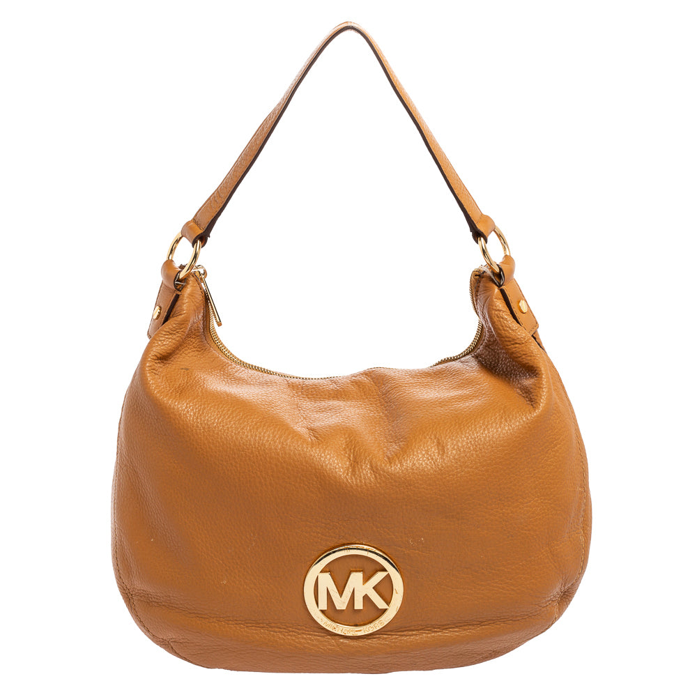 Michael Michael Kors Caramel Leather Logo Zip Hobo In Brown