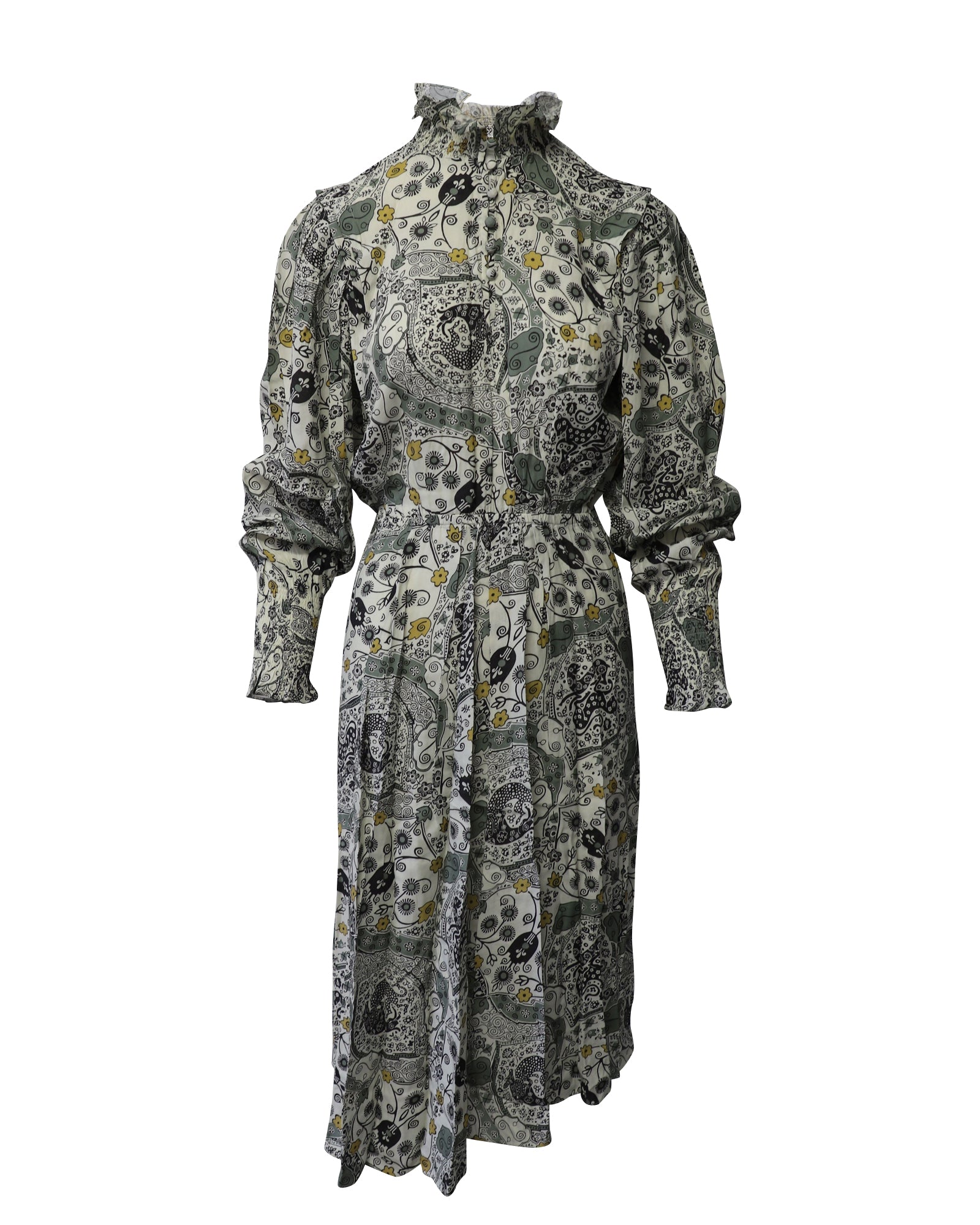 image of Isabel Marant Etoile Printed Ruffle Neck Long Sleeve Midi Dress in Multicolor Viscose