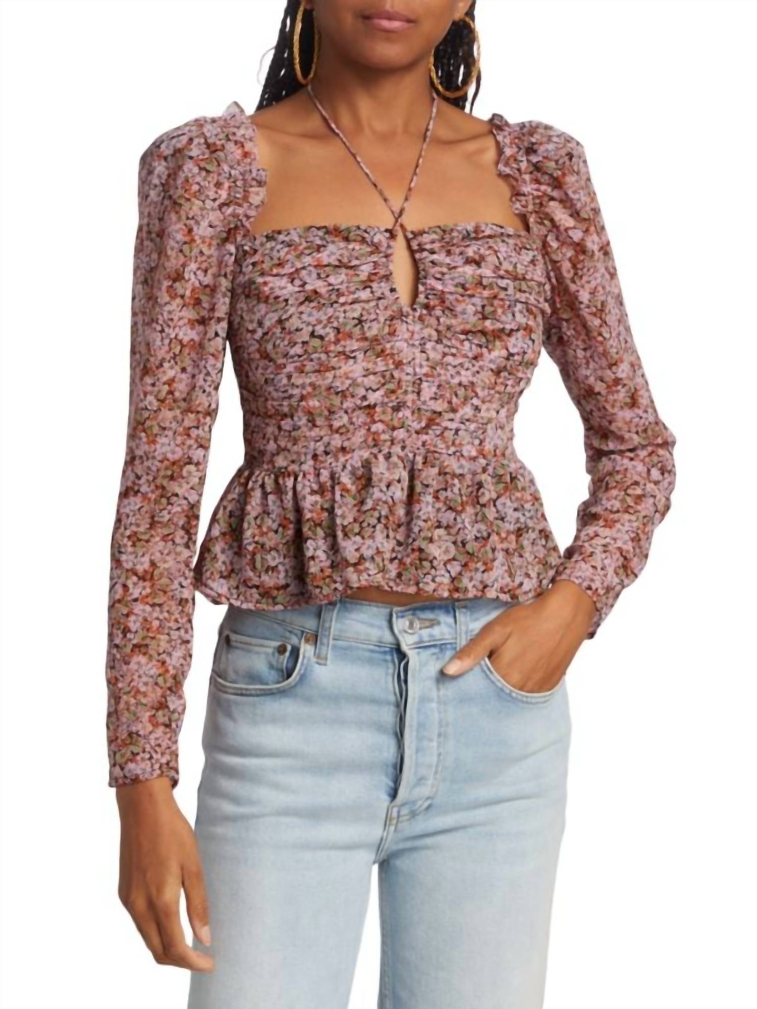 Shop Astr Floral Rouched Long Sleeve Blouse In Black/pink In Purple