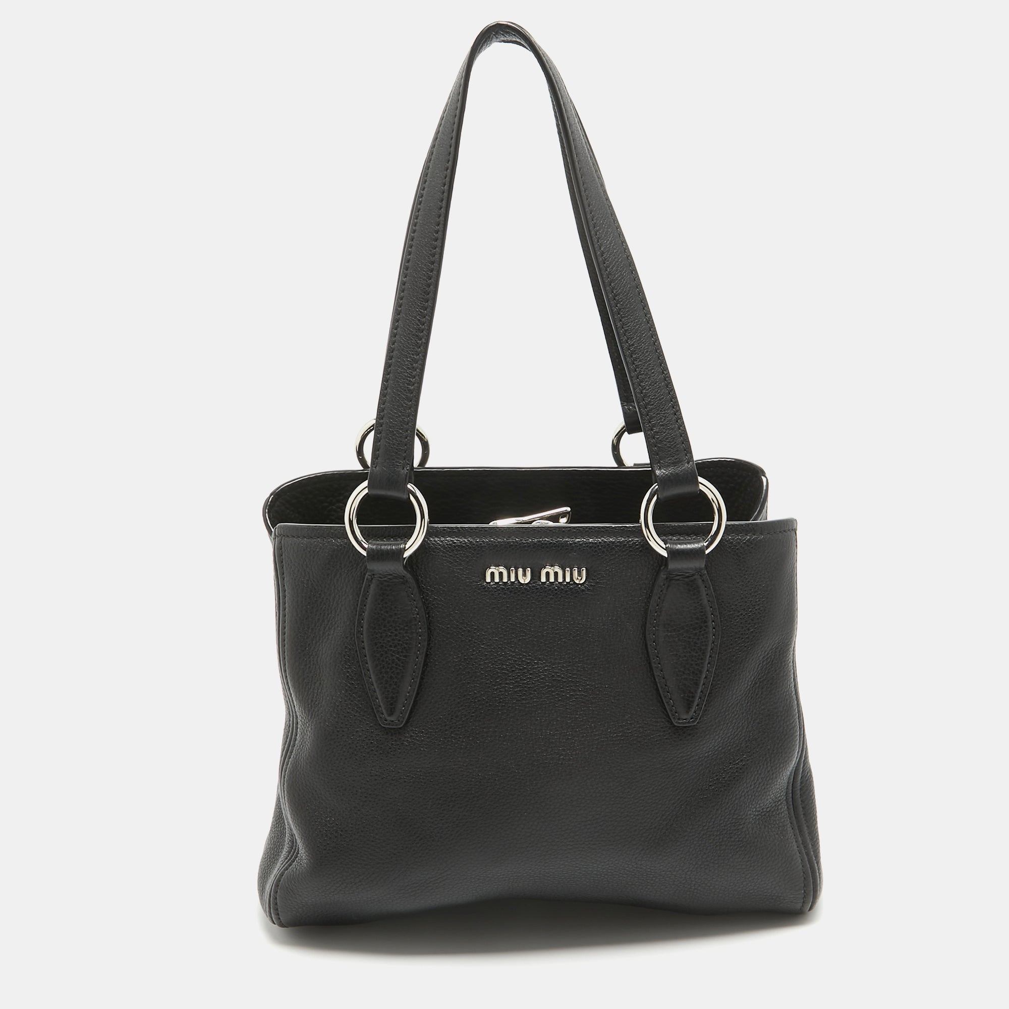 Miu Miu Vitello Phenix Leather Zip Tote In Black