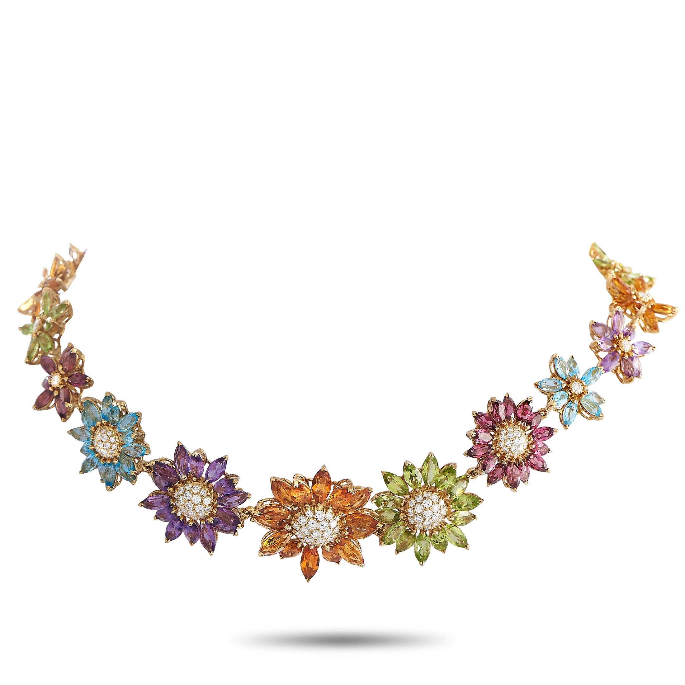 Asprey Daisy Heritage 18k Yellow Gold 3.0ct Diamond, Topaz, Tourmaline, Peridot, Amethyst, And Citrine Neck