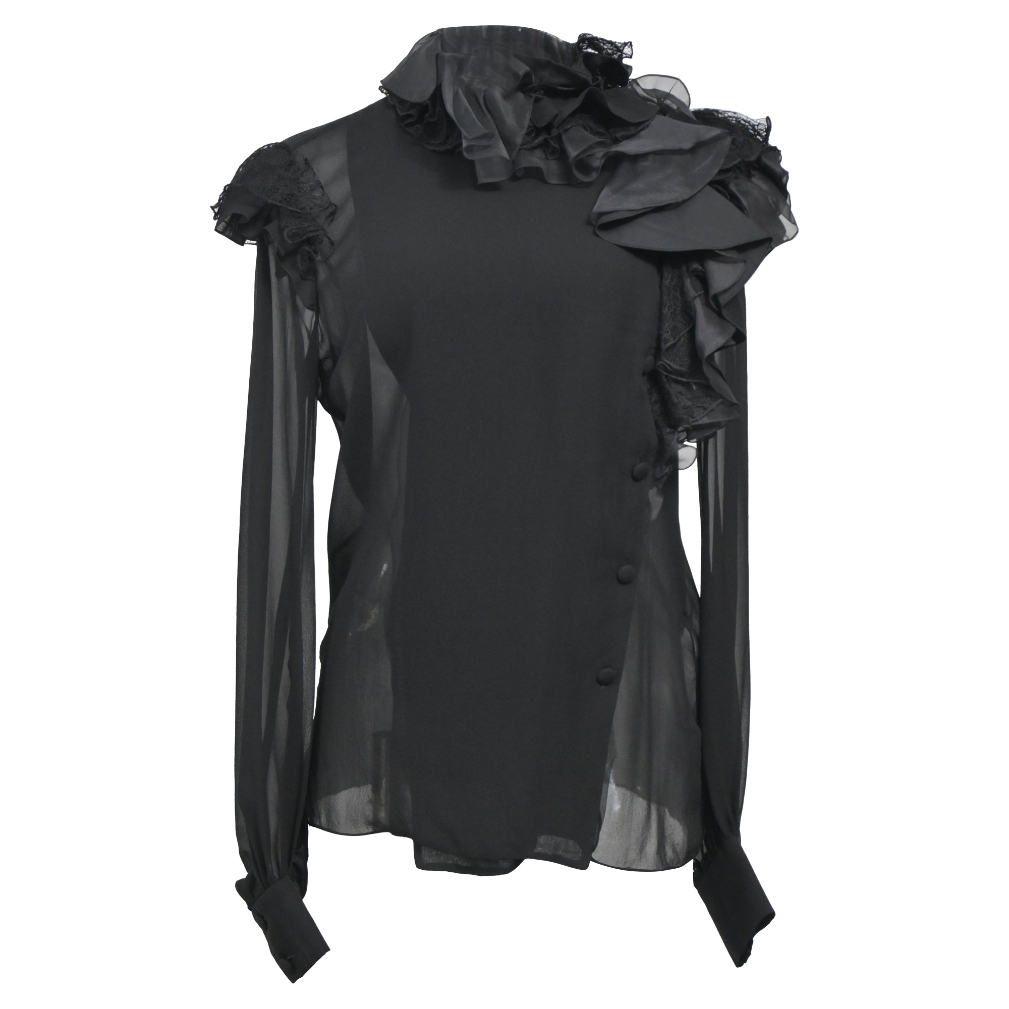 Image of Lanvin Ruffled Lace-Trimmed Chiffon Blouse in Black Silk