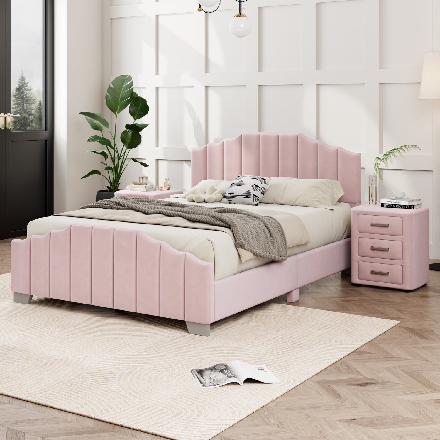 Full-Size Velvet Upholstered Platform Bed with Tufted Headboard