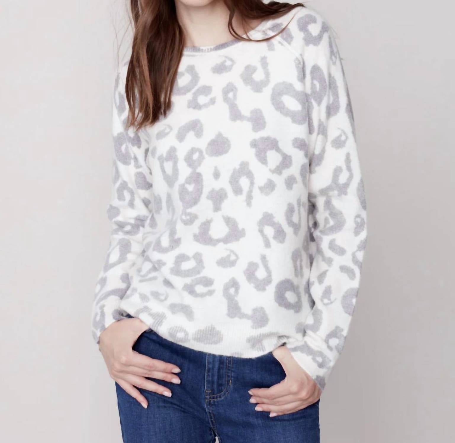 Shop Charlie B Crew Neck Raglan Sleeve Inside Print In Grey And White Animal Print