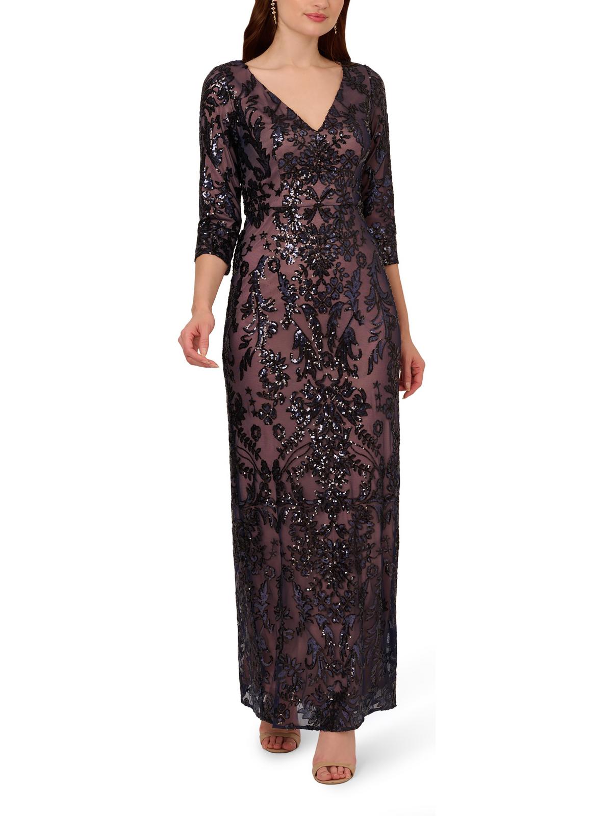 Adrianna Papell Womens Sequin 3/4 Sleeve Evening Dress In Multi