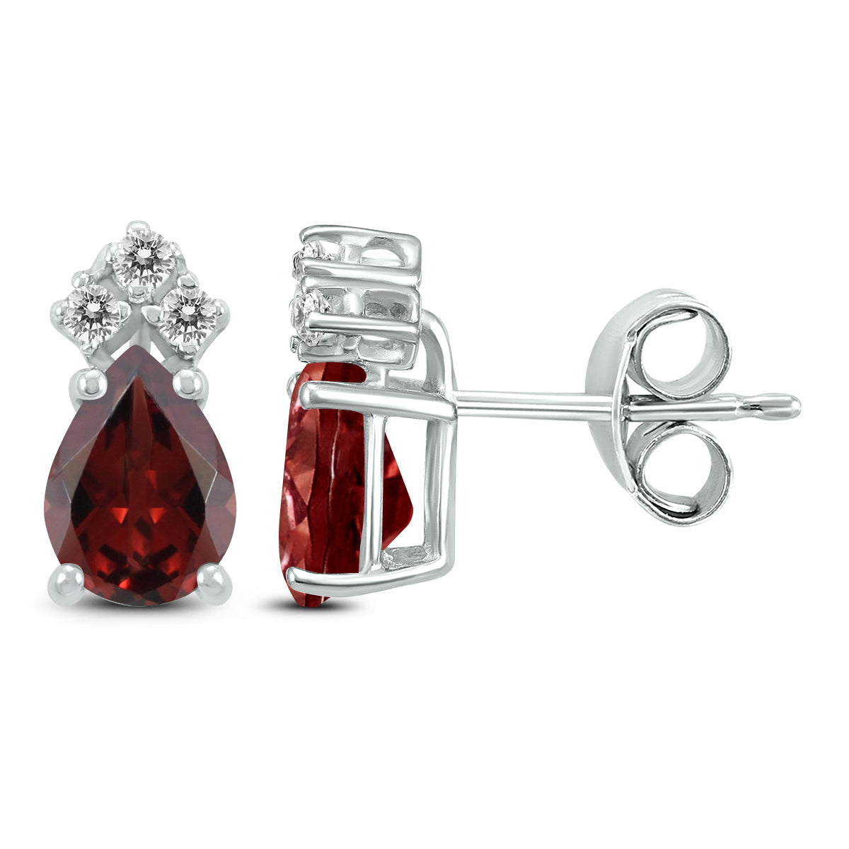 Sselects 14k 7x5mm Pear Garnet And Three Stone Diamond Earrings In Burgundy