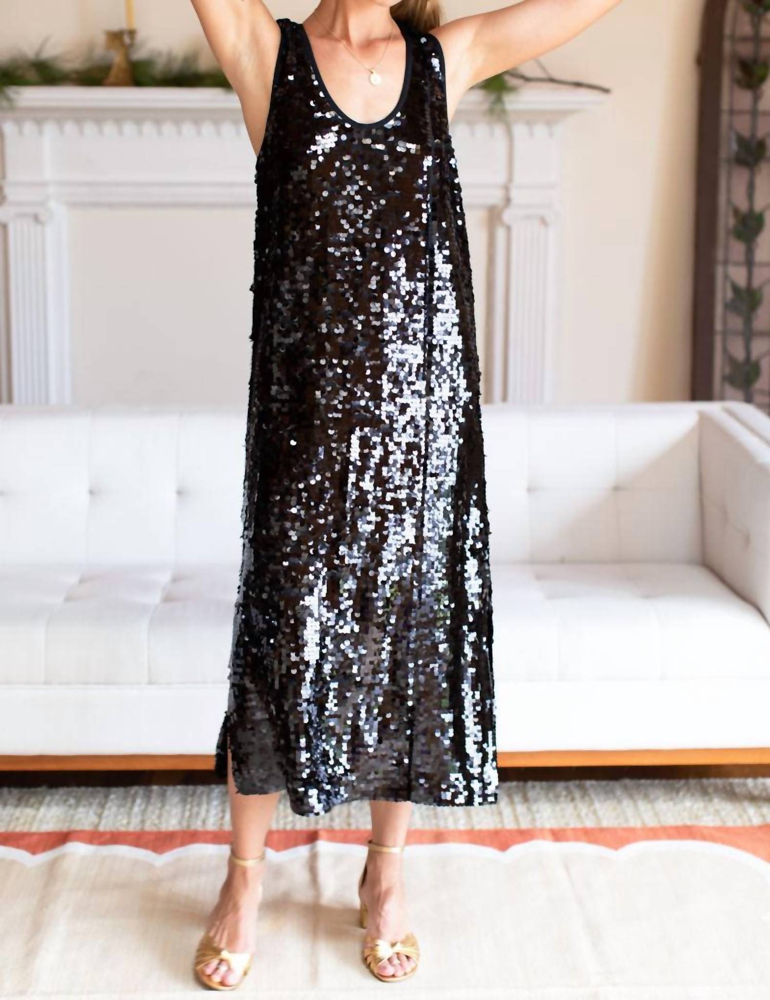 Shop Emerson Fry Edie Scoop Midi Dress In Black Sequin