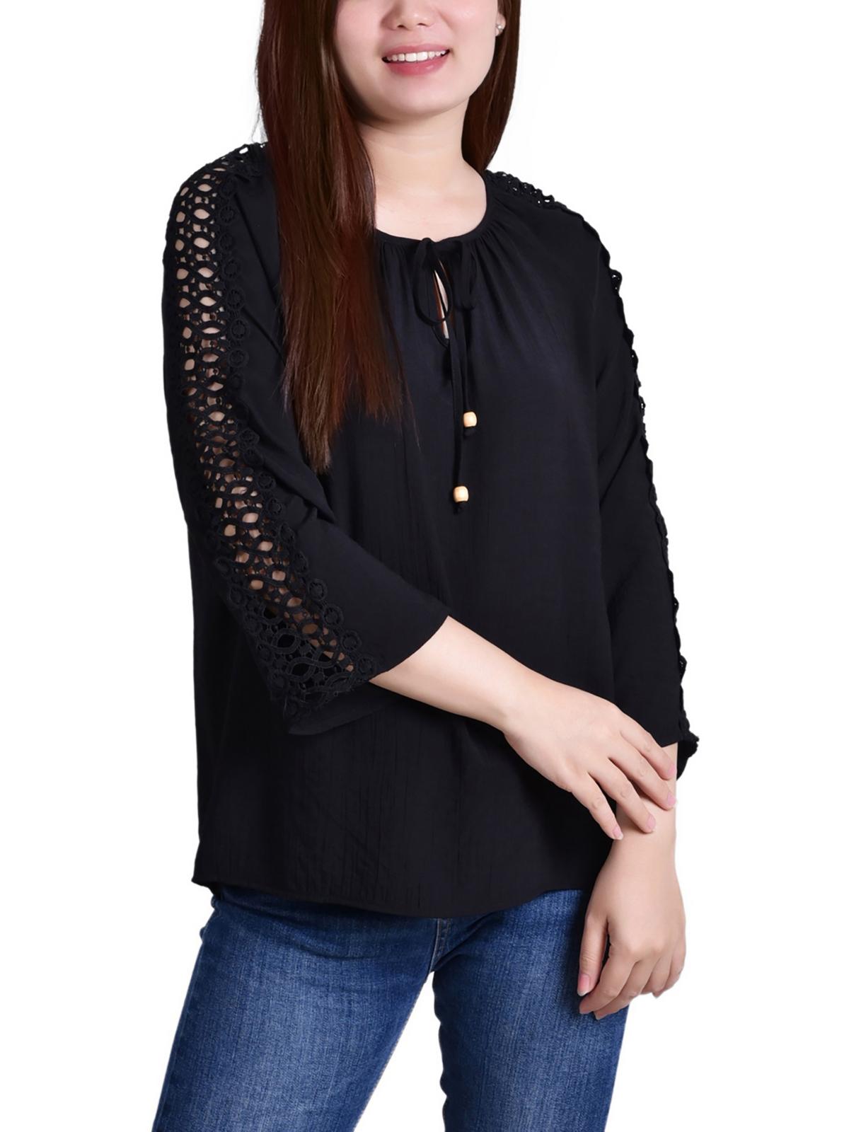Ny Collection Petites Womens Crochet Blouse In Black