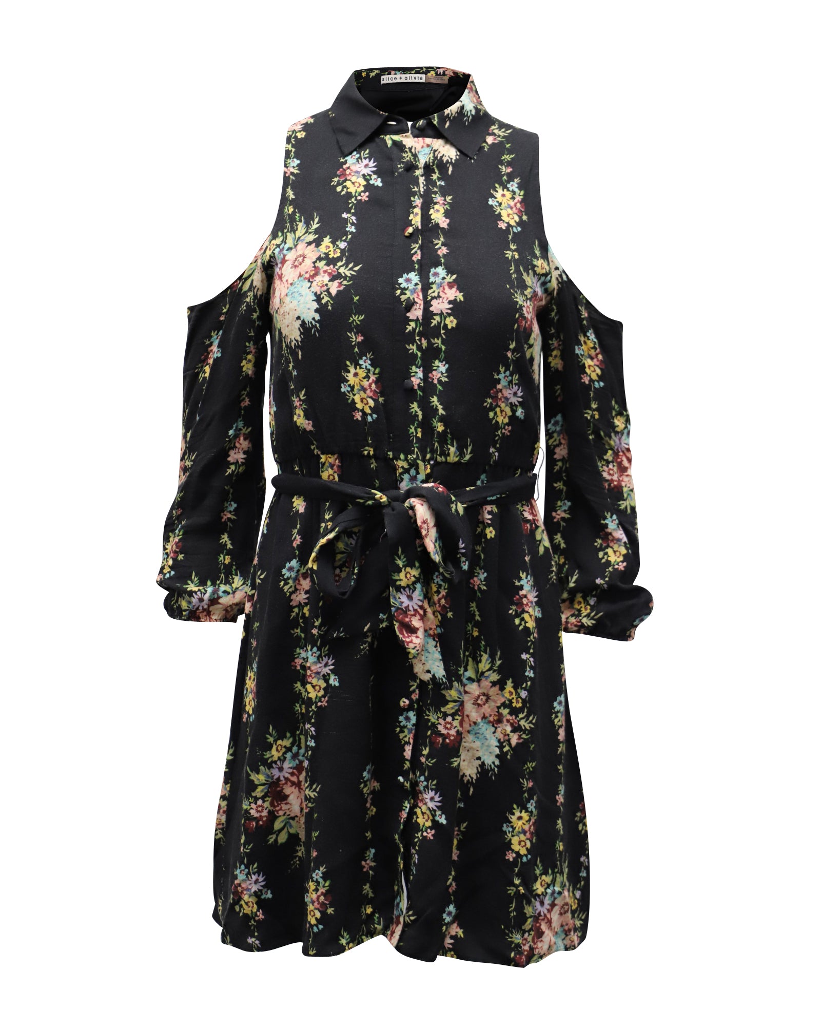 image of Alice + Olivia Floral Print Cold Shoulder Belted Karina Shirt Dress in Black Viscose