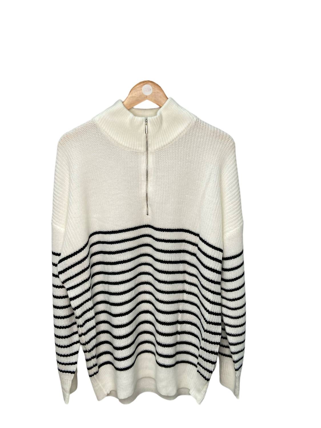 Shop Andree By Unit Zip Neck Sweater In Ivory/black Stripe In Beige