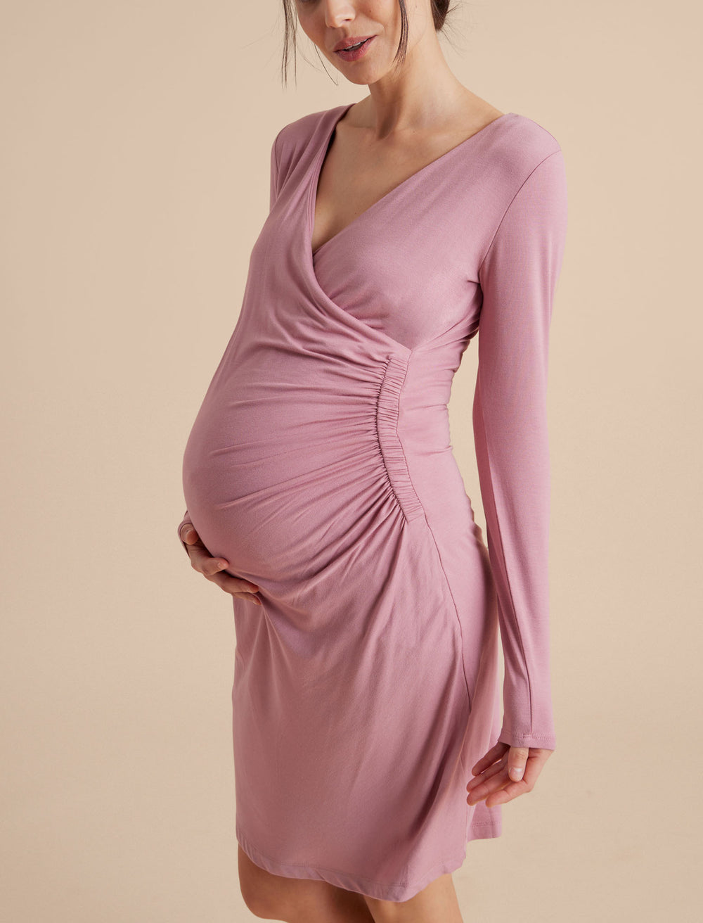 A Pea In The Pod Long Sleeve Side Ruched Wrap Maternity Dress In Multi