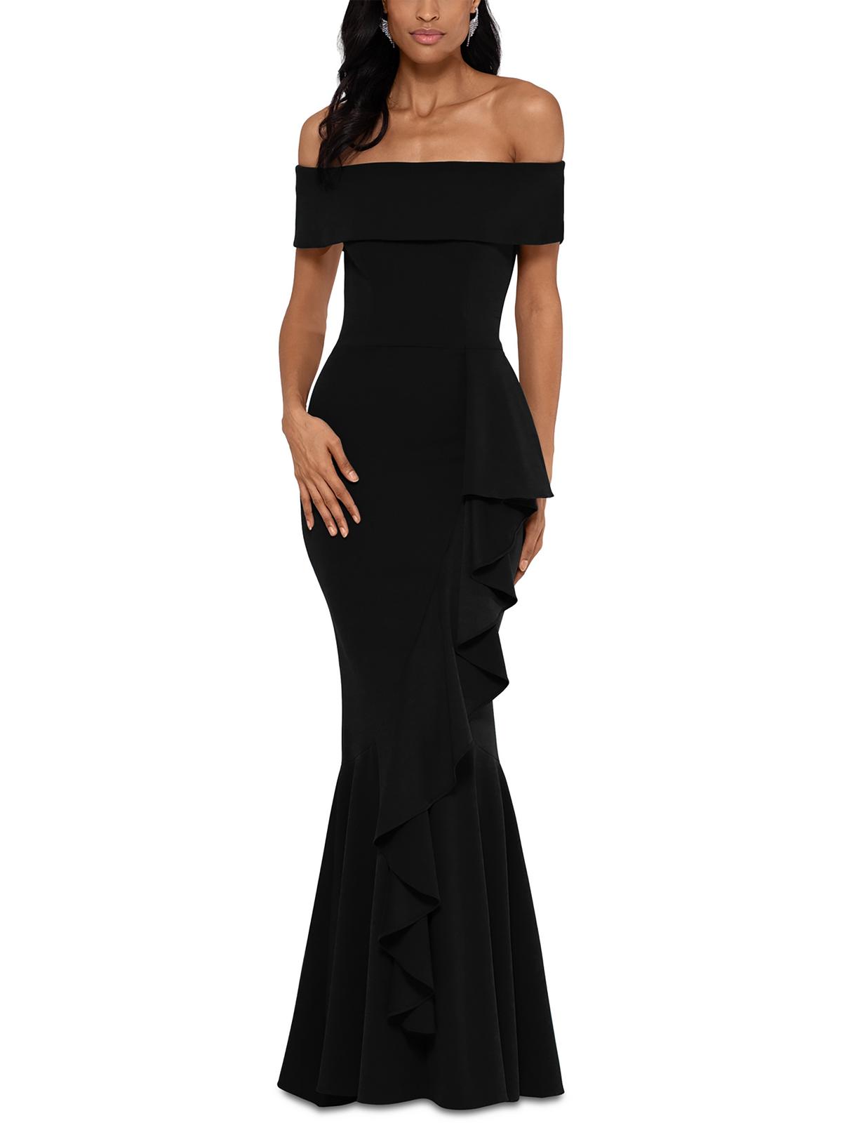 Betsy & Adam Womens Crepe Off-the-shoulder Evening Dress In Black
