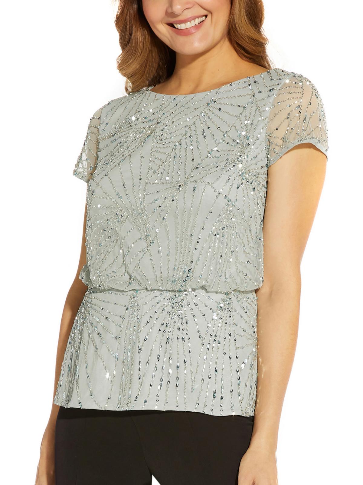 Shop Adrianna Papell Womens Mesh Embellished Blouse In Multi