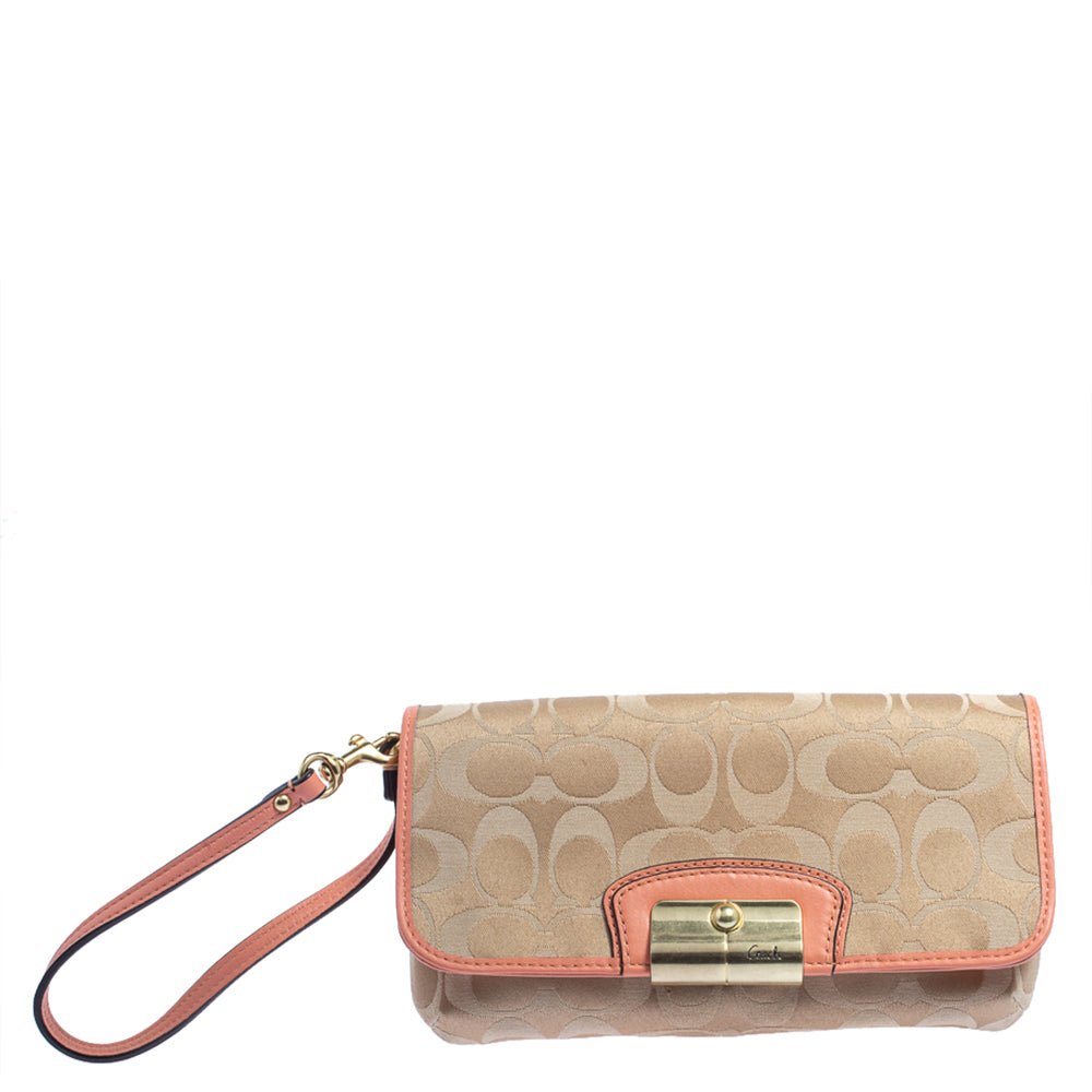 Coach /orange Signature Canvas And Leather Wristlet Clutch In Beige