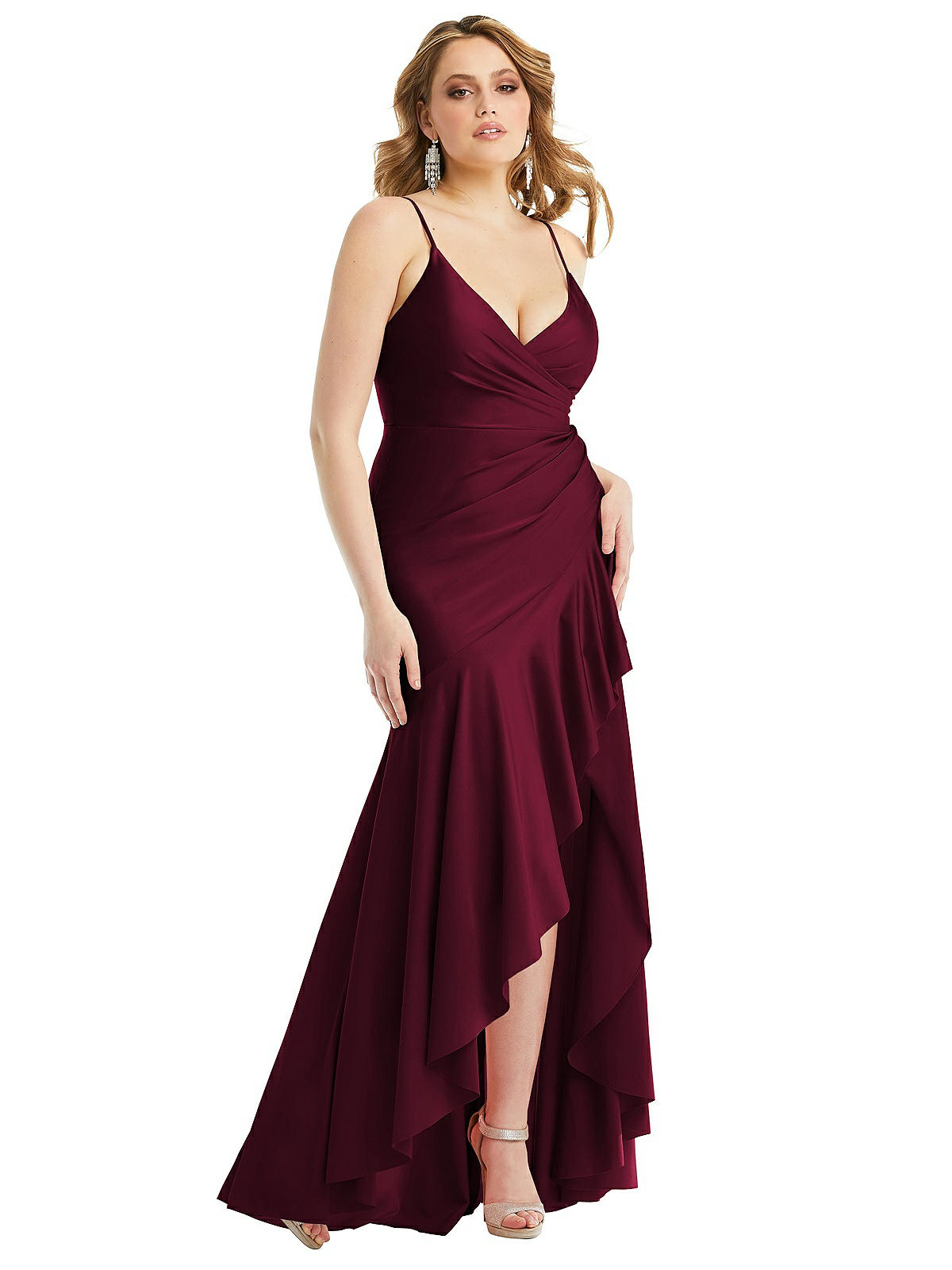 Shop Cynthia & Sahar Pleated Wrap Ruffled High Low Stretch Satin Gown With Slight Train In Red