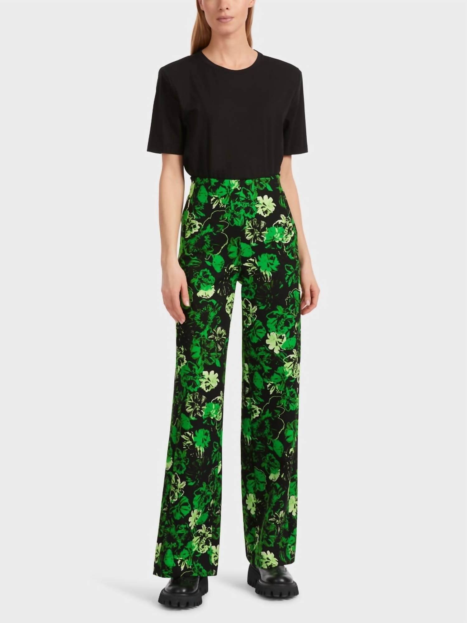 Shop Marc Cain Welkom Floral Design Pant Contrasts Extremes In Dark Apple Green Col. 549