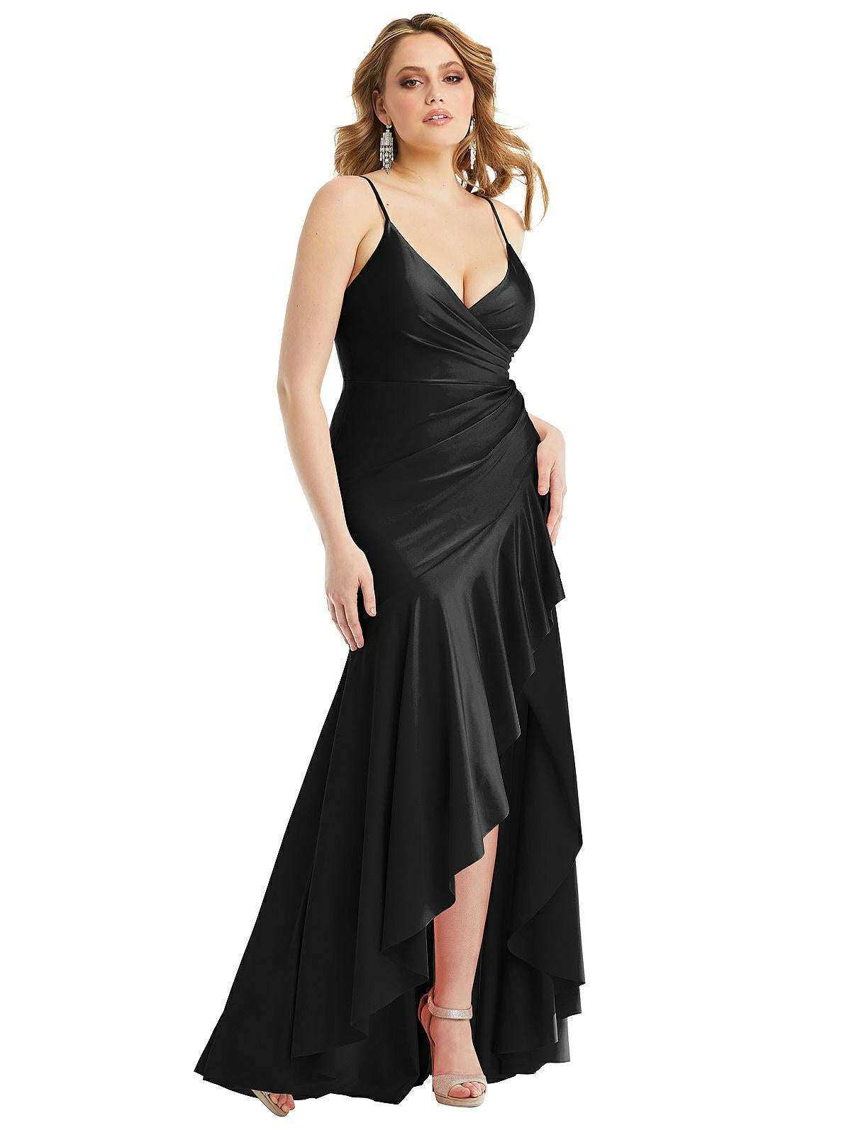 Shop Cynthia & Sahar Pleated Wrap Ruffled High Low Stretch Satin Gown With Slight Train In Black