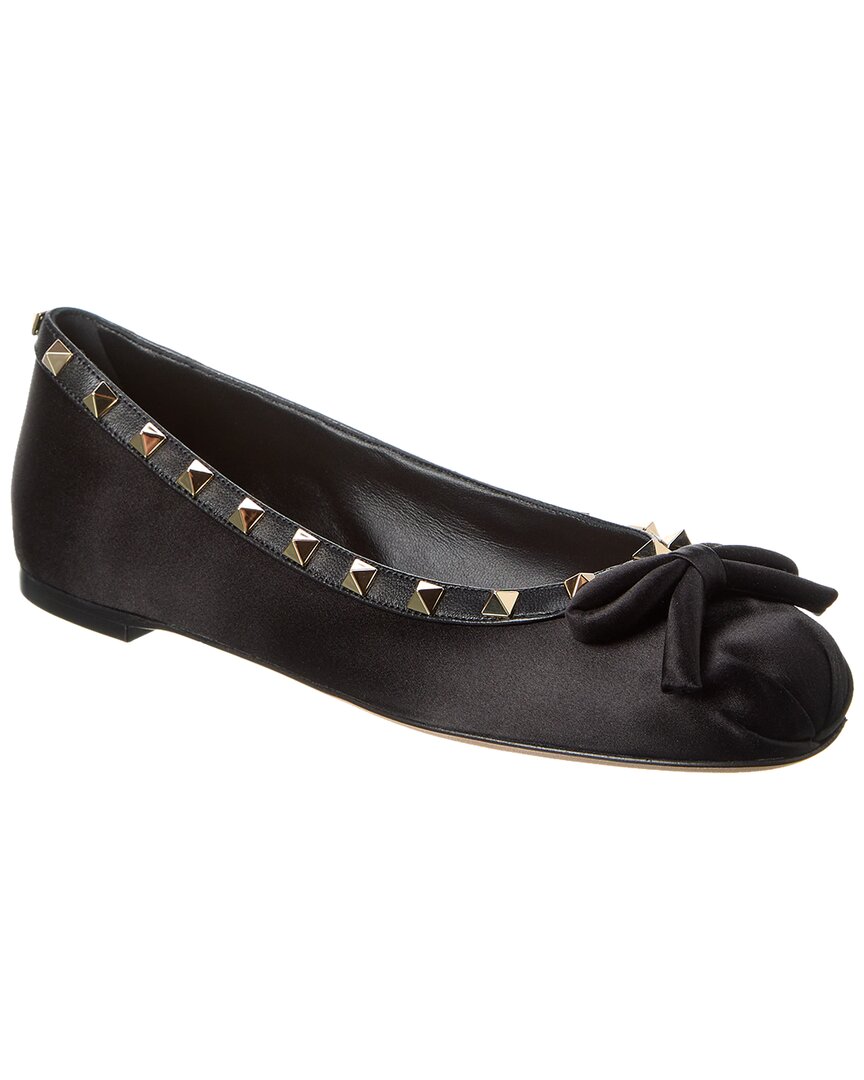 Shop Valentino Rockstud Satin & Leather Ballerina Flat In Black