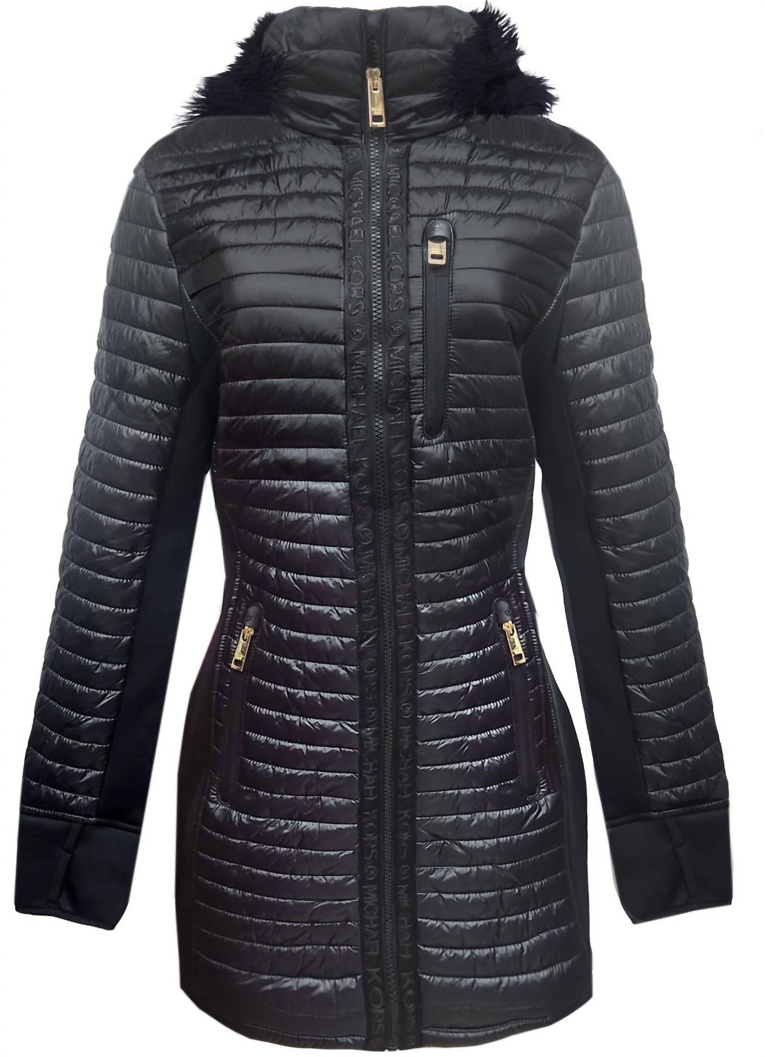 Shop Michael Kors Women's Quilted Mixed Media 3/4 Coat Jacket With Faux Fur In Black In Blue