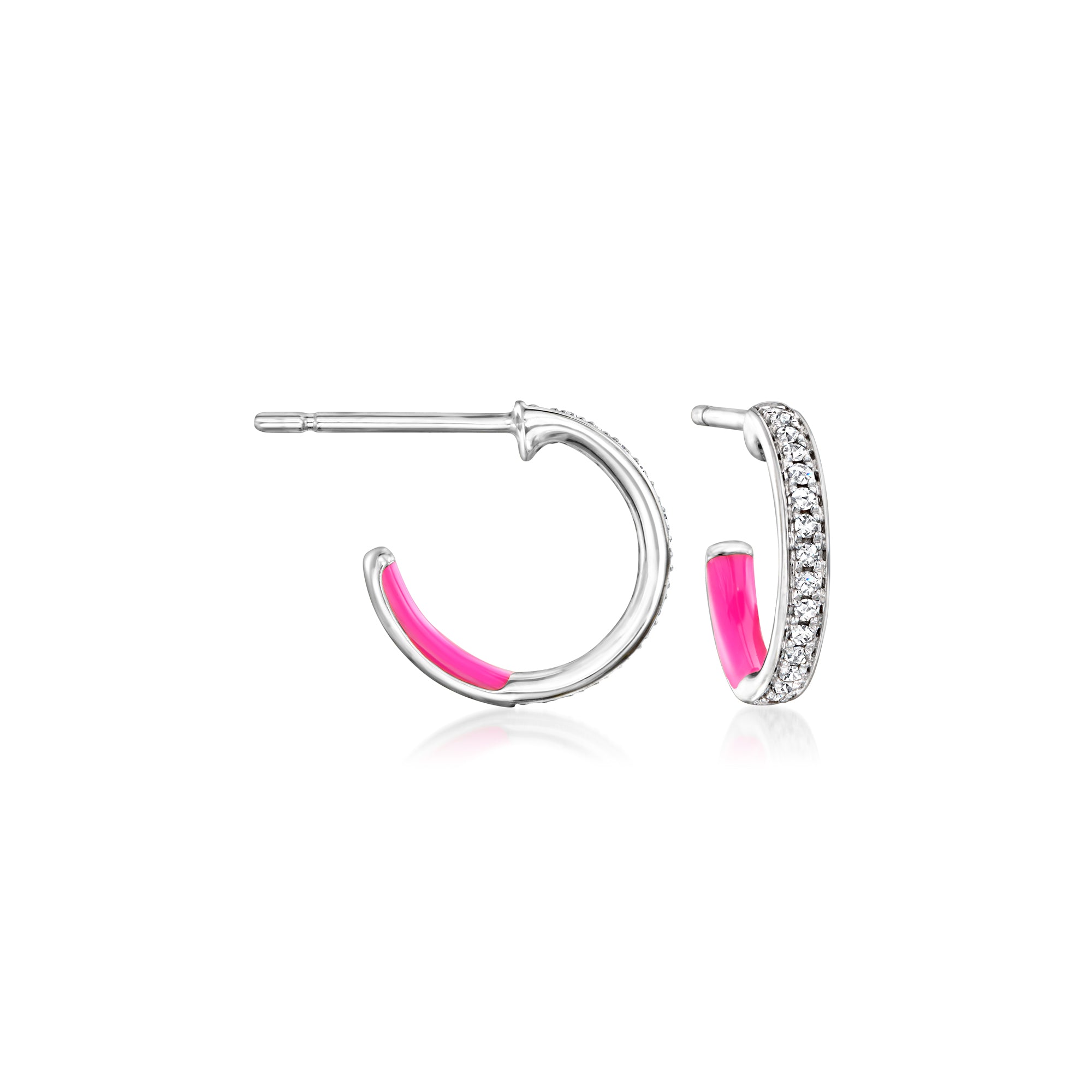 Rs Pure By Ross-simons Pink Enamel And . Diamond Huggie Hoop Earrings In Sterling Silver