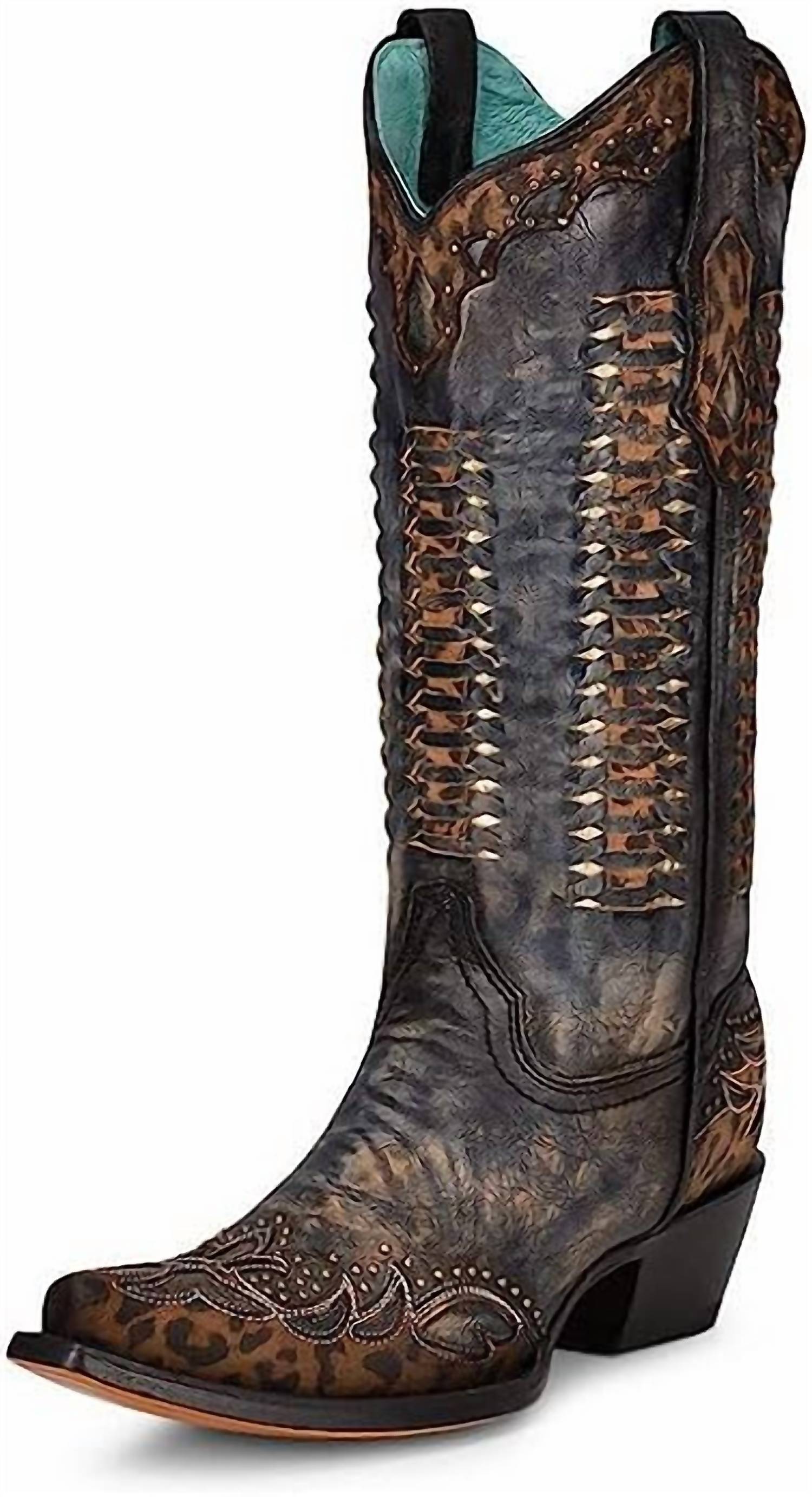 Shop Corral Leopard Print Overlay Studded Boots In Black In Brown