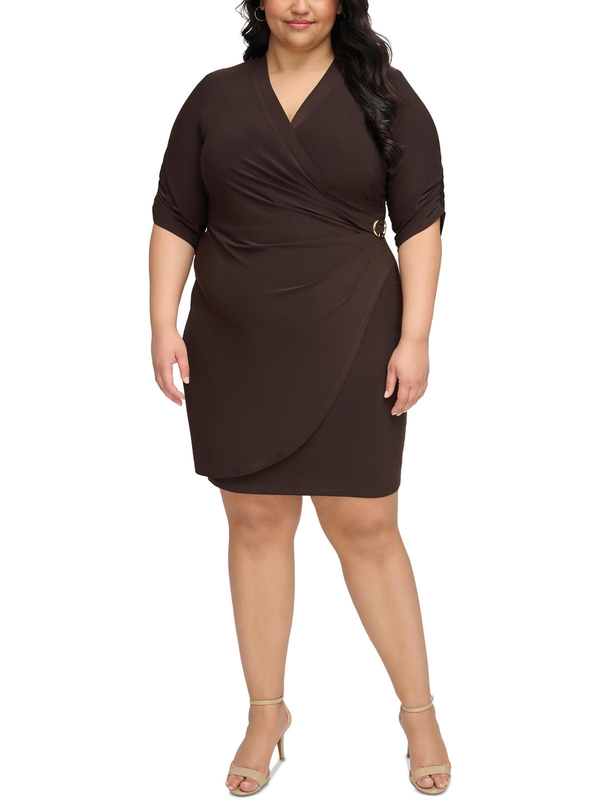 Shop Jessica Howard Plus Womens Faux Wrap Polyester Sheath Dress In Brown
