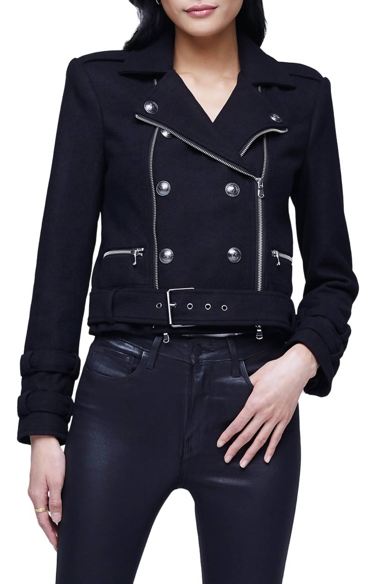 L Agence Billie Belted Jacket In Black In Blue
