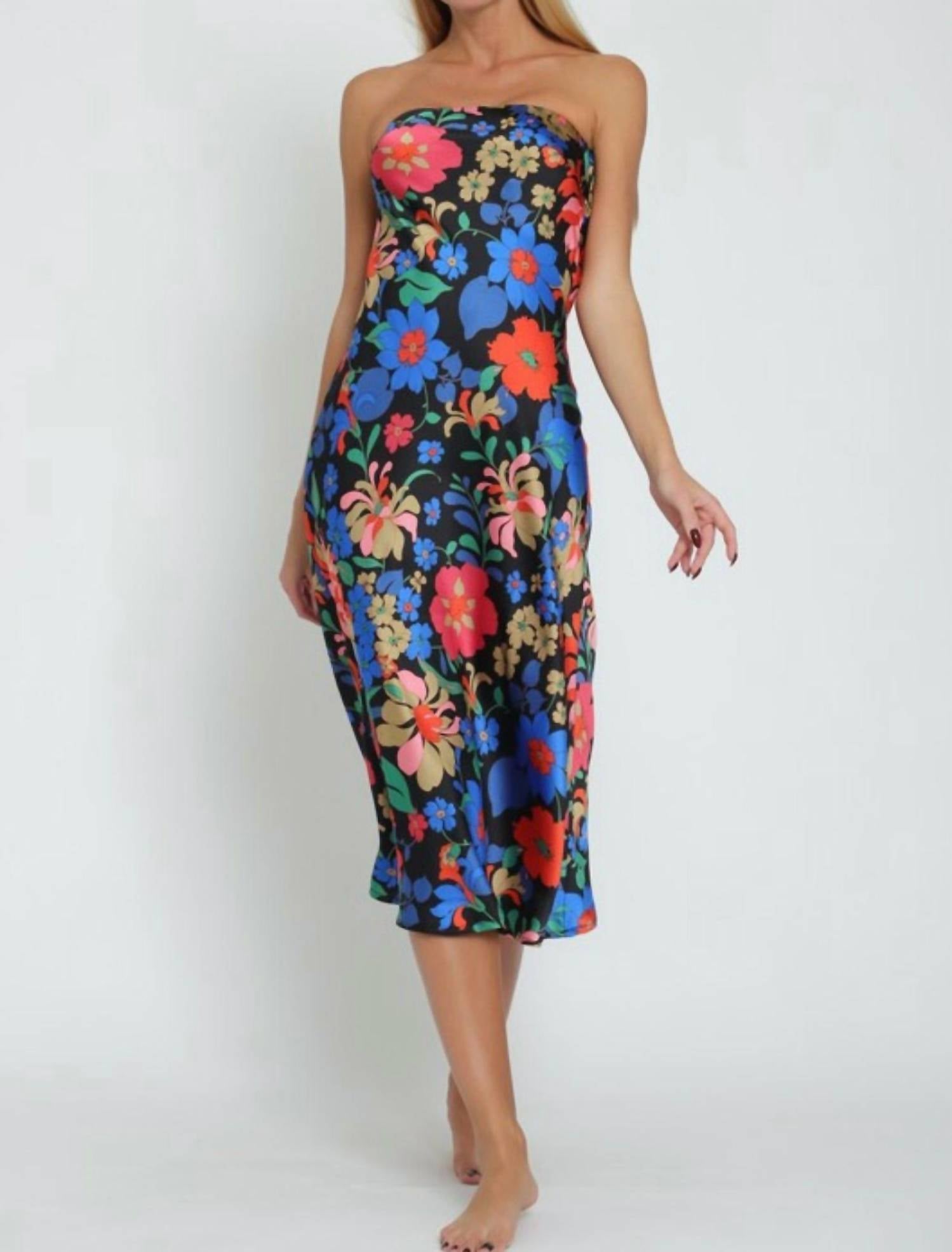 Shop Aakaa Floral Strapless Midi Dress In Black Multi