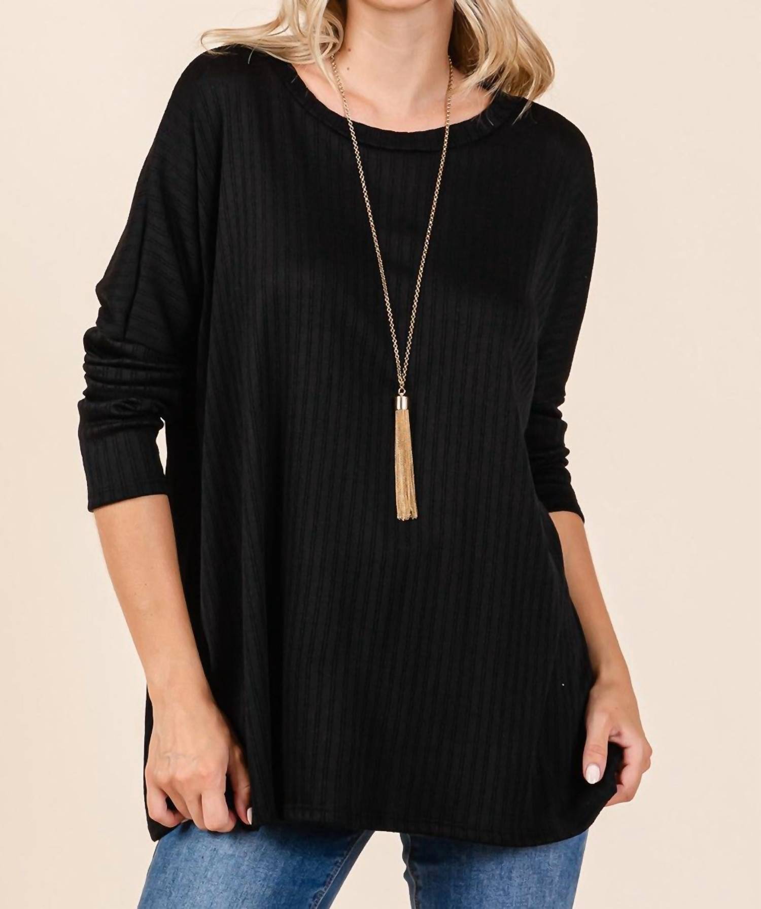 CREAM N SUGAR RIBBED CREW NECK TUNIC PLUS IN BLACK
