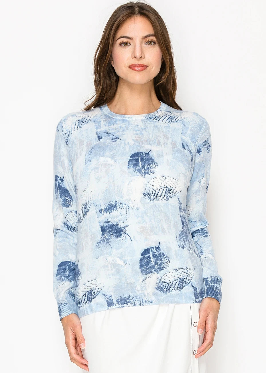Yal New York Sky Blue Leaf Print Sweater In Blue