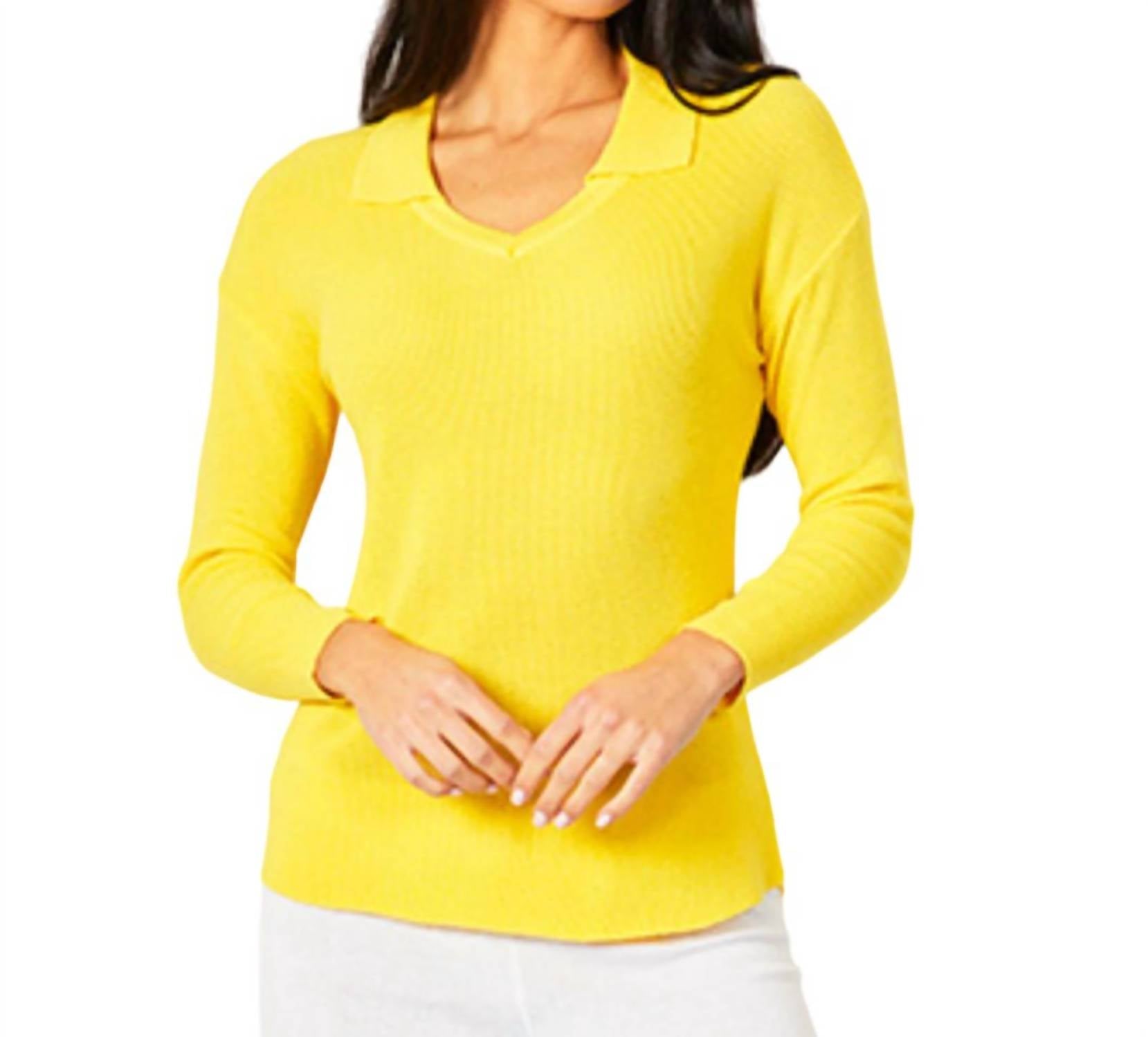 Shop Angel Apparel Collared V-neck Top In Lemon In Yellow