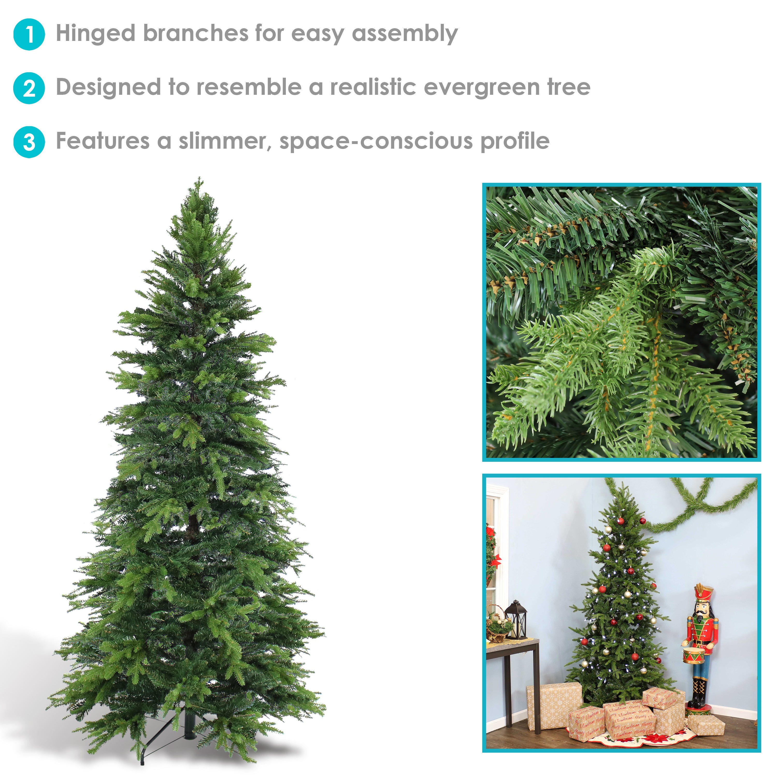 Sunnydaze Indoor Artificial Unlit Slim Christmas Tree with Metal Stand and Hinged Branches - 7' - Green