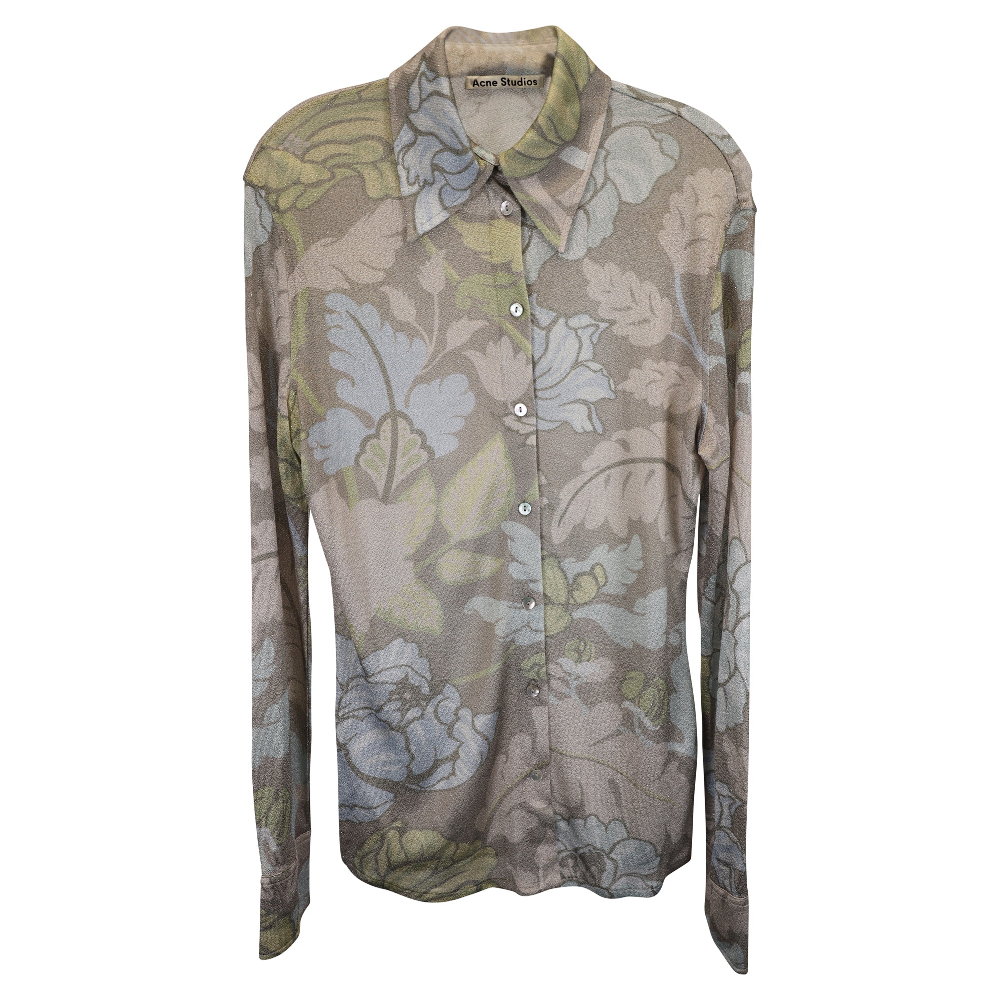 Image of Acne Studios Floral-Print Button-Down Shirt in Metallic Multicolor Viscose