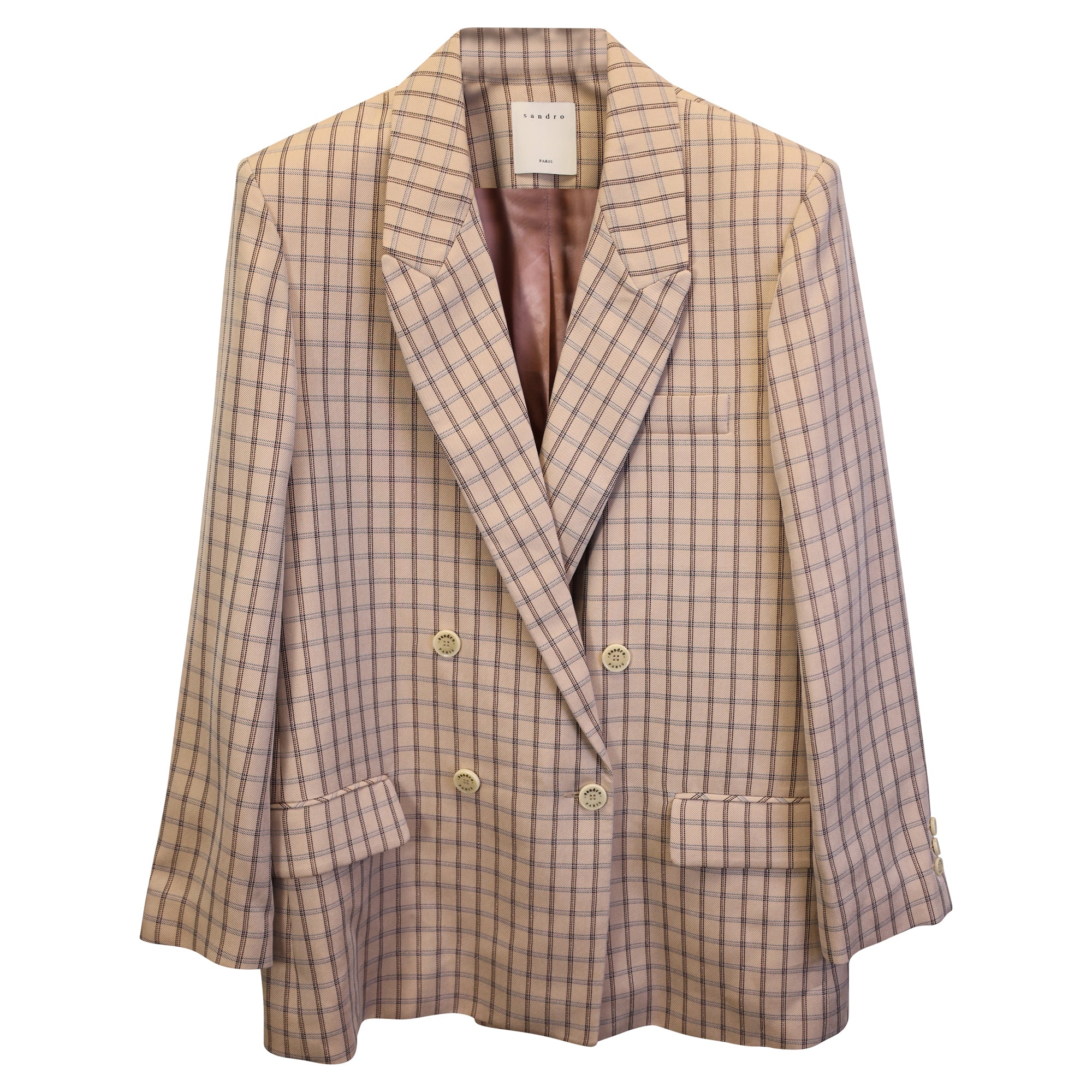 Sandro Danube Double-breasted Checked Blazer In Beige Wool In Beige
